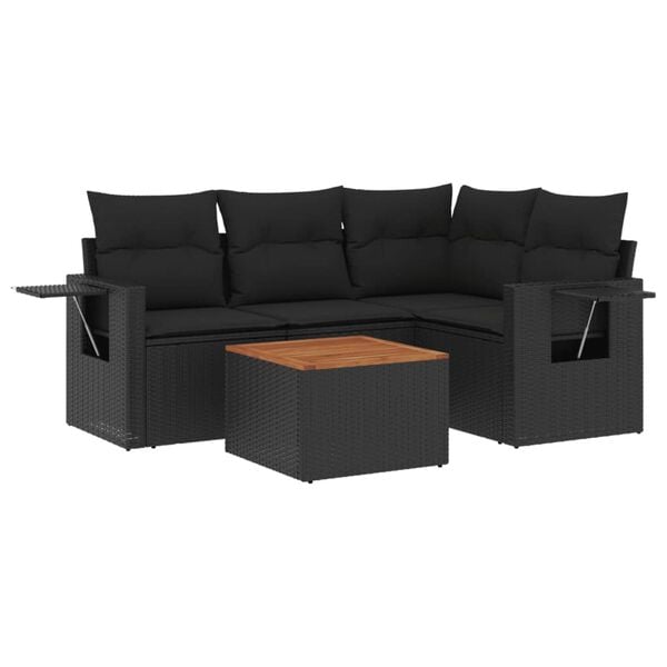 vidaXL 5-tlg. Garten-Sofagarnitur mit Kissen Schwarz Poly Rattan