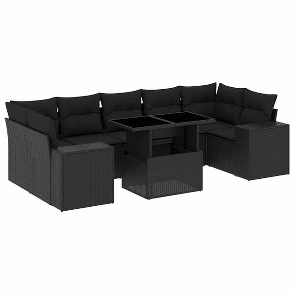 vidaXL 8-tlg. Garten-Sofagarnitur mit Kissen Schwarz Poly Rattan
