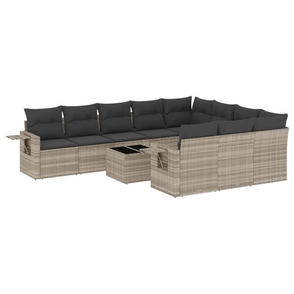 vidaXL 11-tlg. Garten-Sofagarnitur mit Kissen Hellgrau Poly Rattan
