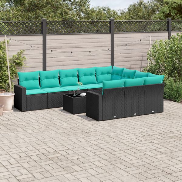 vidaXL 11-tlg. Garten-Sofagarnitur mit Kissen Schwarz Poly Rattan