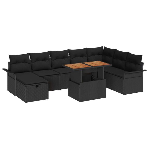 vidaXL Garten-Sofa-Set mit Kissen 9 pcs Schwarz Poly Rattan