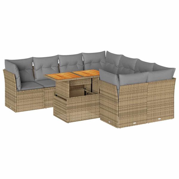 vidaXL 9-tlg. Garten-Sofagarnitur mit Kissen Beige Poly Rattan