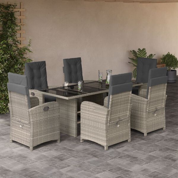vidaXL 7-tlg. Garten-Essgruppe mit Kissen Hellgrau Poly Rattan