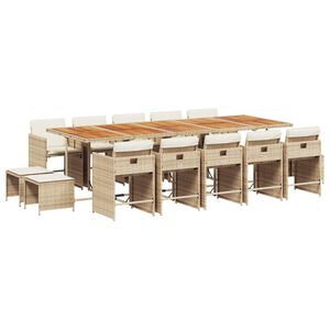 vidaXL 15-tlg. Garten-Essgruppe mit Kissen Beige Poly Rattan