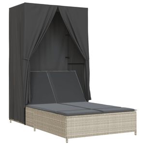 vidaXL Doppel-Sonnenliege mit Dach und Vorh&auml;ngen Hellgrau Poly Rattan