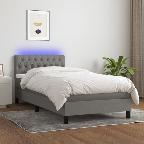 vidaXL Boxspringbett mit Matratze & LED Dunkelgrau 90x190 cm Stoff