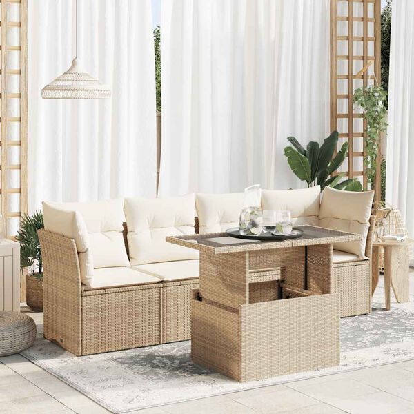 vidaXL 5-tlg. Garten-Sofagarnitur mit Kissen Beige Poly Rattan