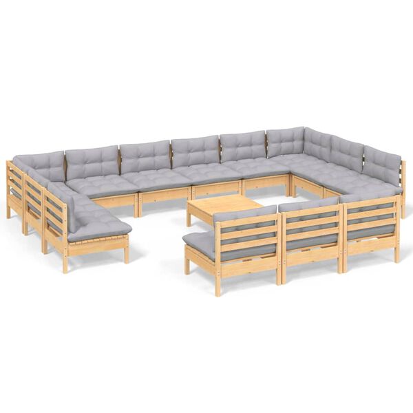 vidaXL 14-tlg. Garten-Lounge-Set mit Grauen Kissen Kiefer Massivholz