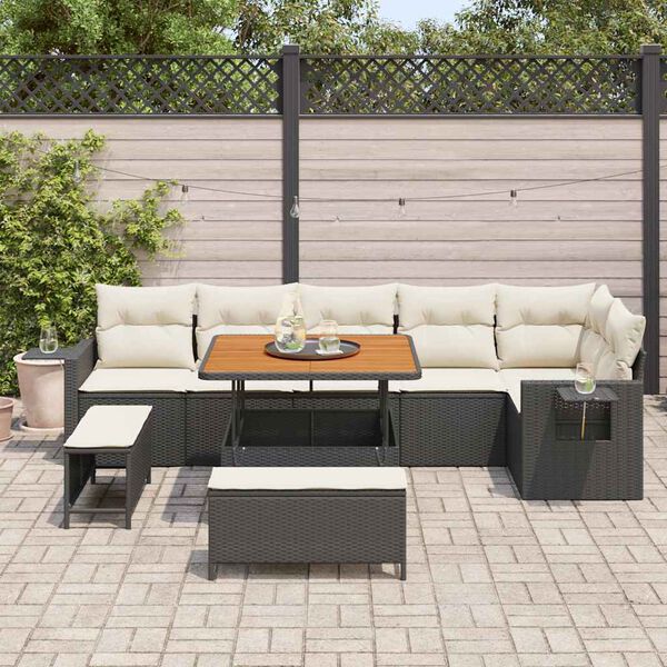 vidaXL Garten-Sofa-Set mit Speicher 9 pcs Schwarz Poly Rattan
