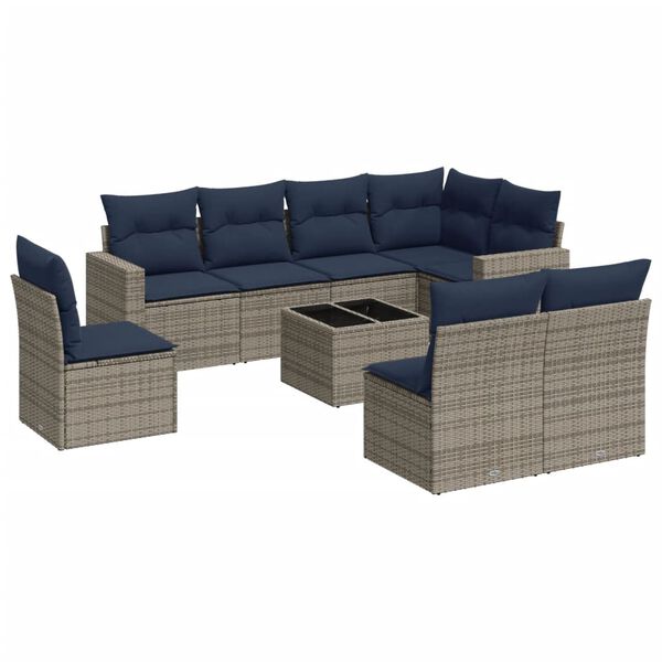 vidaXL 9-tlg. Garten-Sofagarnitur mit Kissen Grau Poly Rattan