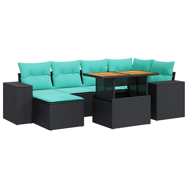 vidaXL 7-tlg. Garten-Sofagarnitur mit Kissen Schwarz Poly Rattan
