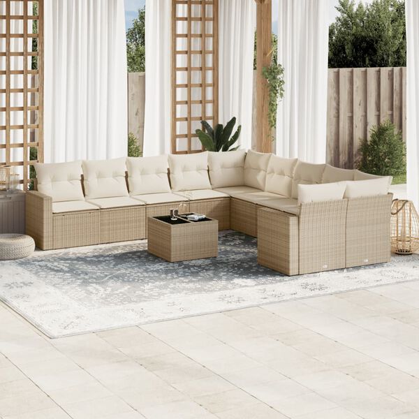 vidaXL 11-tlg. Garten-Sofagarnitur mit Kissen Beige Poly Rattan