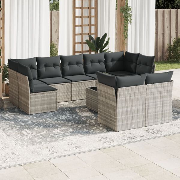 vidaXL 10-tlg. Garten-Sofagarnitur mit Kissen Hellgrau Poly Rattan