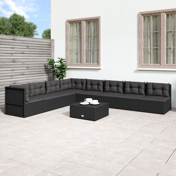 vidaXL 8-tlg. Garten-Lounge-Set mit Kissen Schwarz Poly Rattan