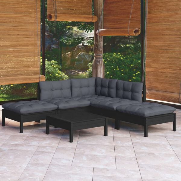 vidaXL 6-tlg. Garten-Lounge-Set mit Kissen Schwarz Kiefernholz