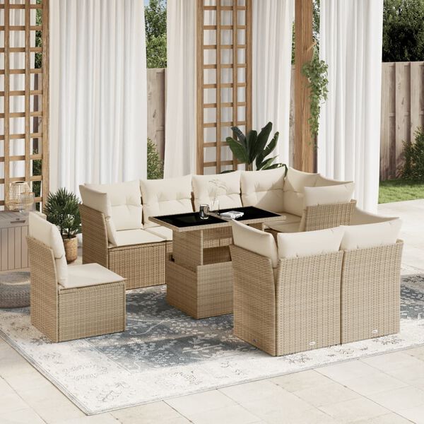 vidaXL 9-tlg. Garten-Sofagarnitur mit Kissen Beige Poly Rattan