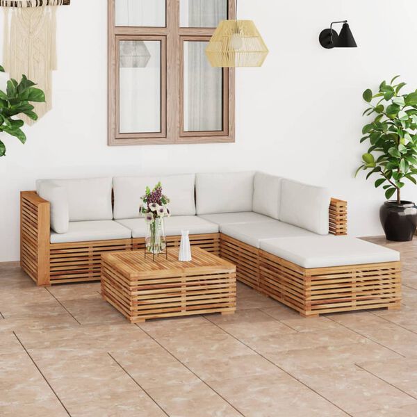 vidaXL 6-tlg. Garten-Lounge-Set mit Creme Kissen Massivholz Teak