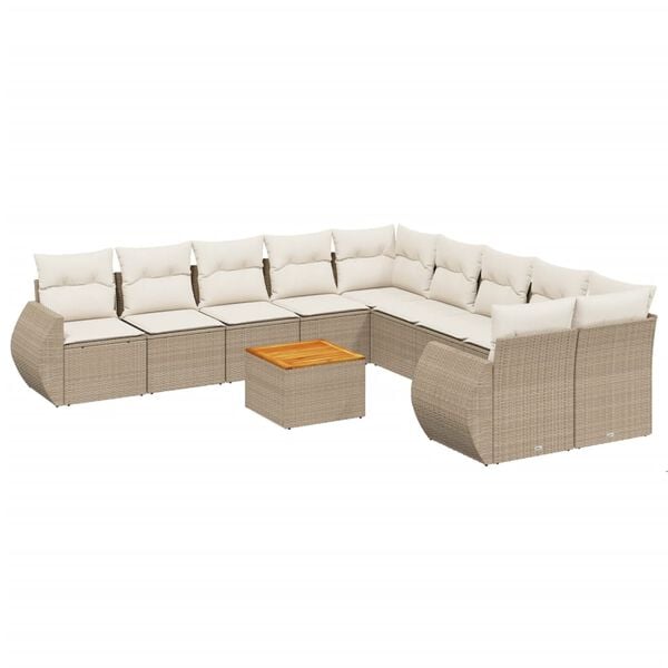 vidaXL 11-tlg. Garten-Sofagarnitur mit Kissen Beige Poly Rattan