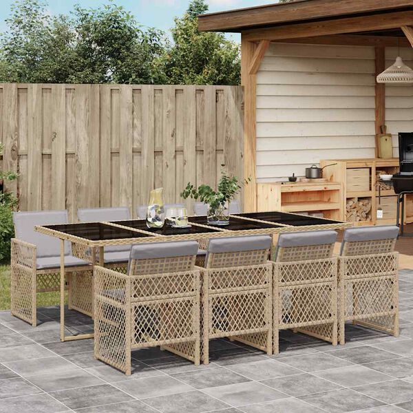 vidaXL 9-tlg. Garten-Essgruppe mit Kissen Beige Poly Rattan