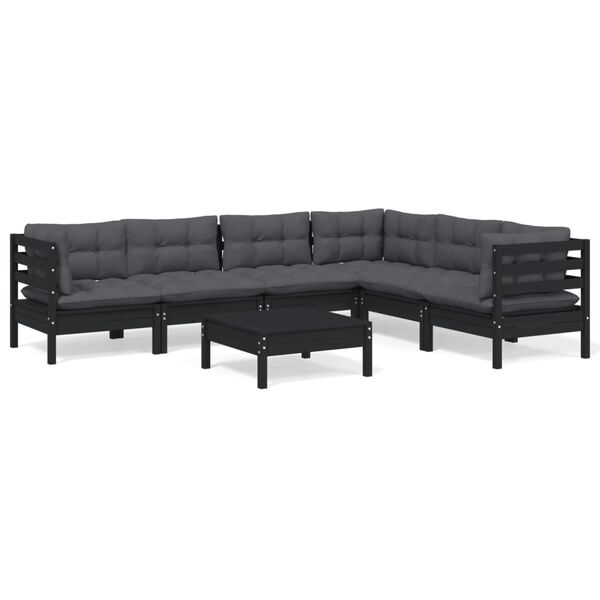 vidaXL 7-tlg. Garten-Lounge-Set mit Kissen Schwarz Massivholz Kiefer