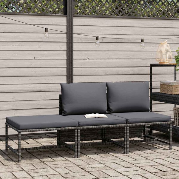vidaXL 3-tlg. Garten-Sofagarnitur mit Kissen Grau Poly Rattan
