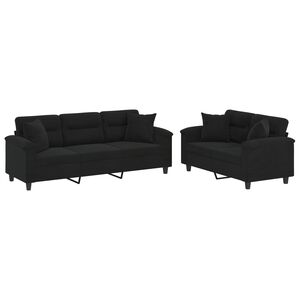 vidaXL 2-tlg. Sofagarnitur mit Kissen Schwarz Mikrofasergewebe