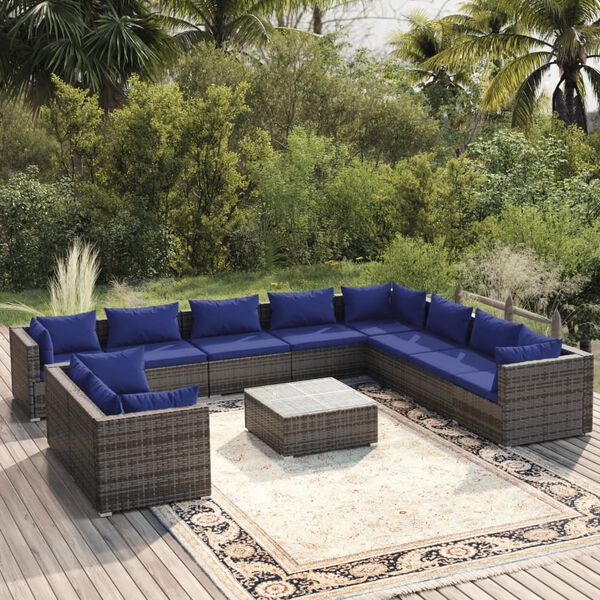 vidaXL 11-tlg. Garten-Lounge-Set mit Kissen Grau Poly Rattan