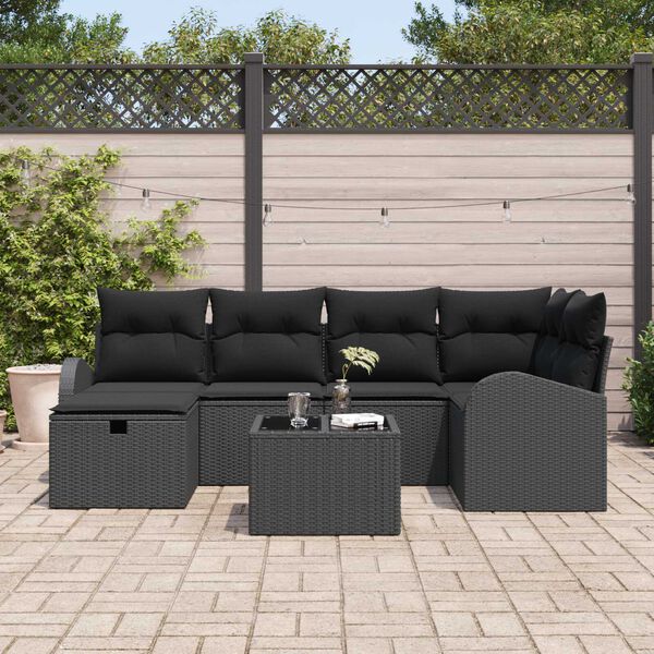 vidaXL Garten-Sofa-Set mit Kissen 7 pcs Schwarz Poly Rattan