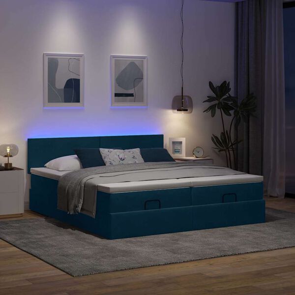 vidaXL Ottoman-Bett mit Matratzen & LED Dunkelblau 200x200 cm Samt