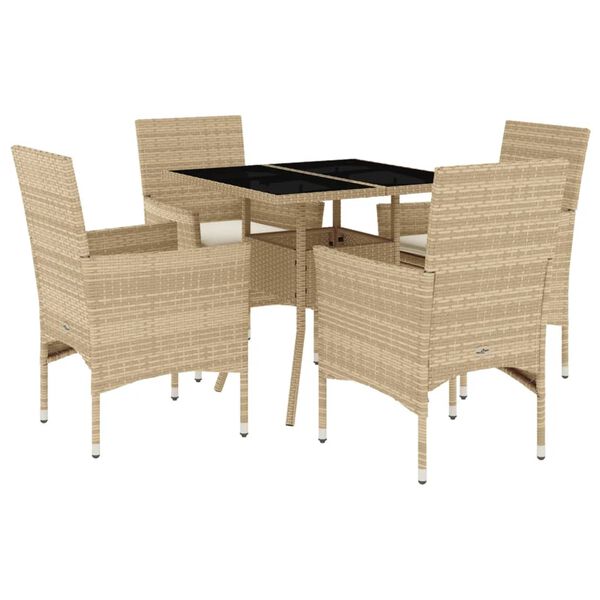 vidaXL 5-tlg. Garten-Essgruppe mit Kissen Beige Poly Rattan und Glas
