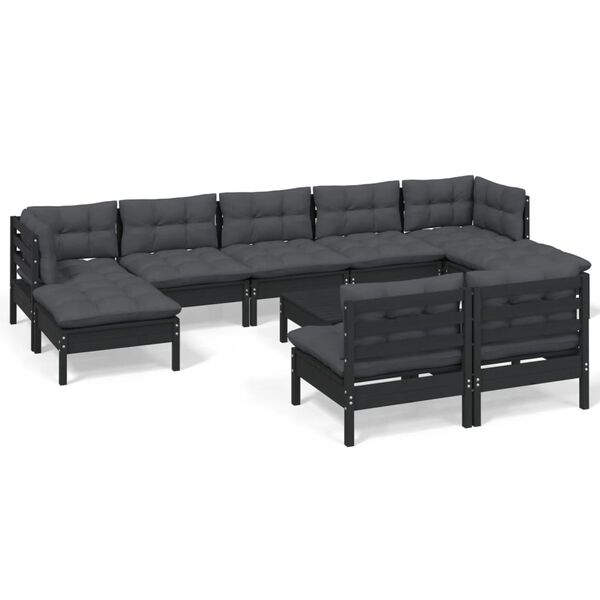 vidaXL 10-tlg. Garten-Lounge-Set mit Kissen Schwarz Kiefernholz