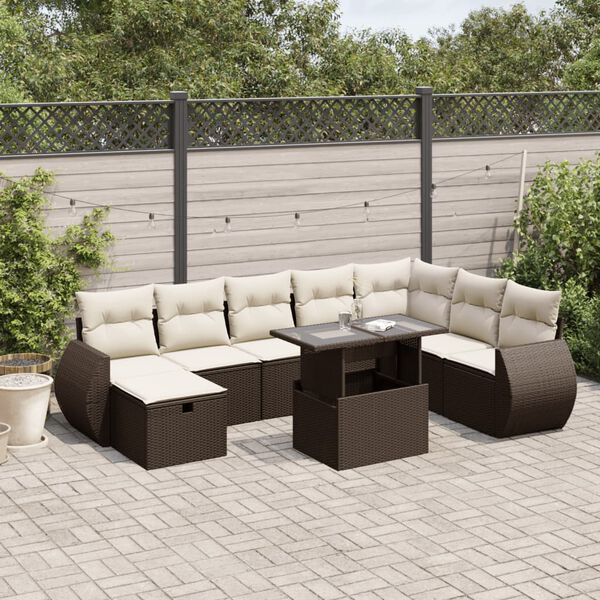 vidaXL 9-tlg. Garten-Sofagarnitur mit Kissen Braun Poly Rattan