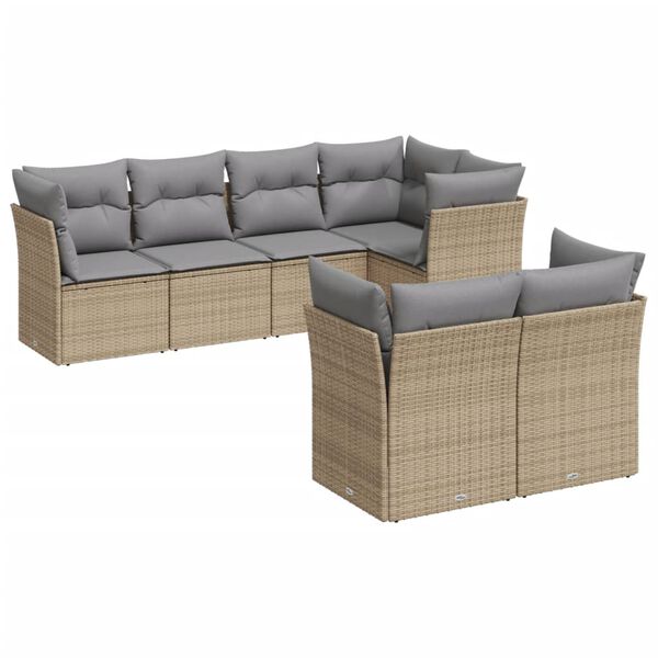 vidaXL 7-tlg. Garten-Sofagarnitur mit Kissen Beige Poly Rattan