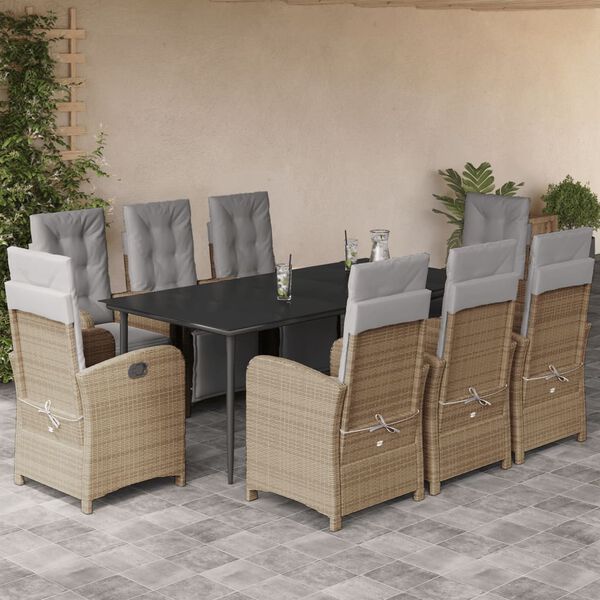 vidaXL 9-tlg. Garten-Essgruppe mit Kissen Beige Poly Rattan