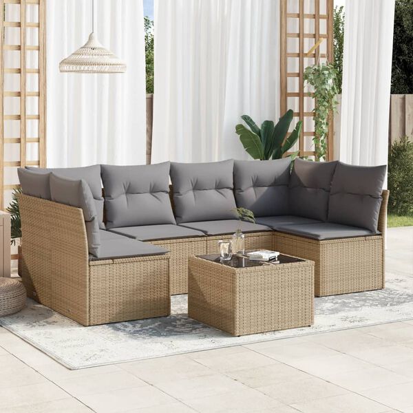 vidaXL 7-tlg. Garten-Sofagarnitur mit Kissen Beige Poly Rattan
