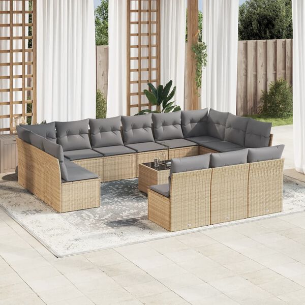 vidaXL 14-tlg. Garten-Sofagarnitur mit Kissen Beige Poly Rattan