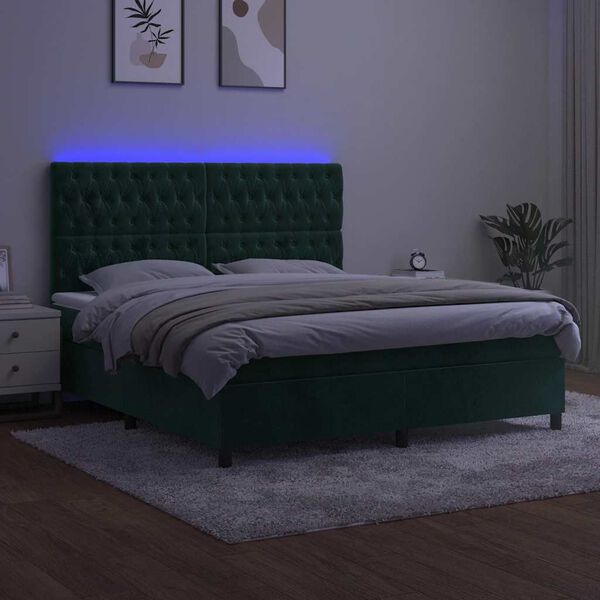vidaXL Boxspringbett mit Matratze & LED Dunkelgr&uuml;n 180x200 cm Samt