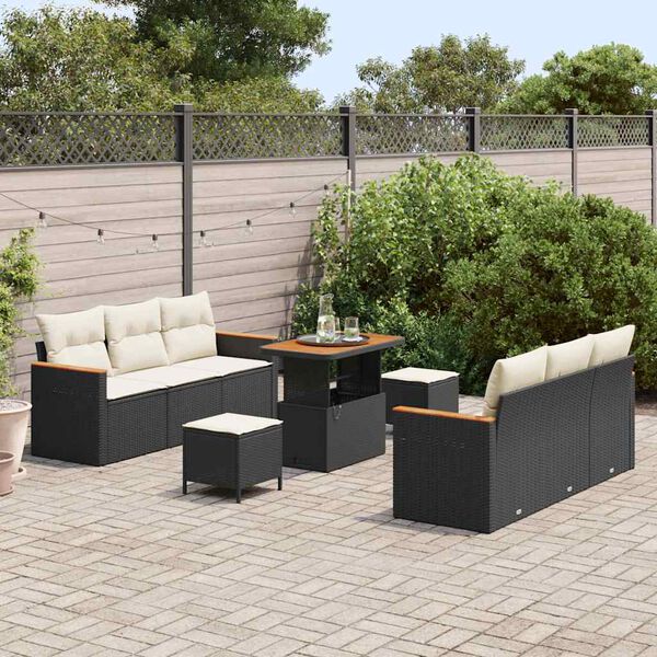 vidaXL Garten-Sofa-Set mit Kissen mit Speicher Schwarz Poly Rattan