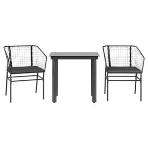vidaXL 3-tlg. Garten-Essgruppe mit Kissen Schwarz Poly Rattan Glas