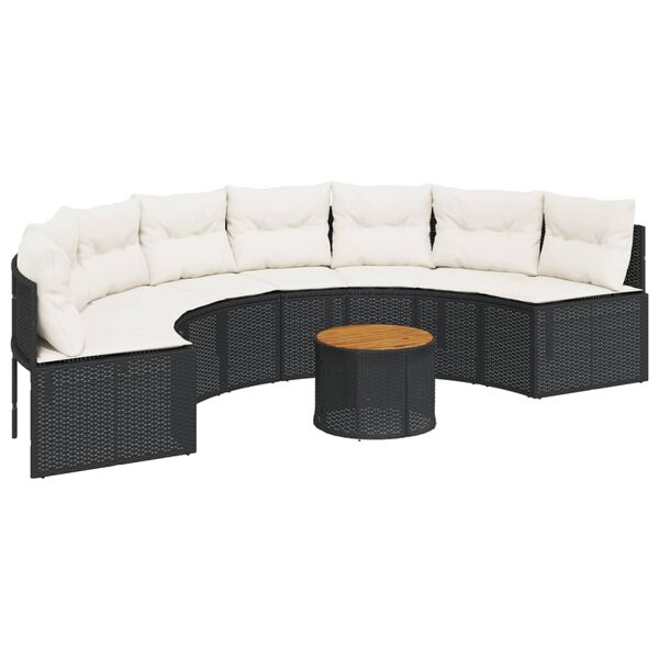 vidaXL Gartensofa mit Tisch und Kissen Halbrund Schwarz Poly-Rattan