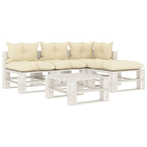 vidaXL 5-tlg. Garten-Lounge-Set Paletten mit Kissen in Creme Holz