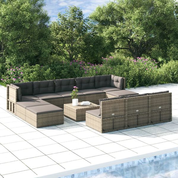 vidaXL 11-tlg. Garten-Lounge-Set mit Kissen Grau Poly Rattan