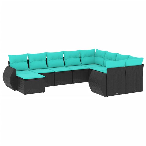 vidaXL 10-teiliges Gartensofa-Set mit Kissen, schwarzes Polyrattan