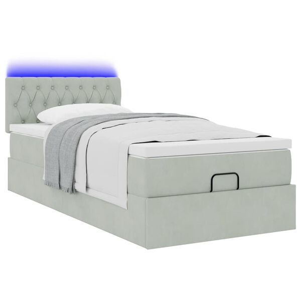 vidaXL Ottoman-Bett mit Matratze & LEDs Hellgrau 100x200 cm Samt