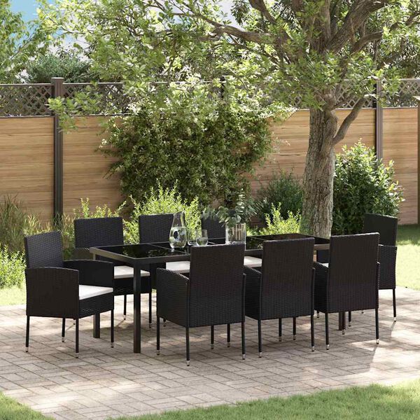 vidaXL Garten Essgruppe mit Kissen 9 pcs Schwarz Poly-Rattan