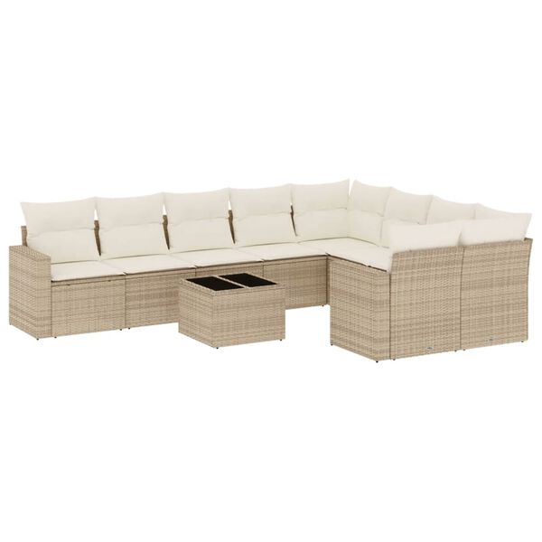 vidaXL 10-tlg. Garten-Sofagarnitur mit Kissen Beige Poly Rattan