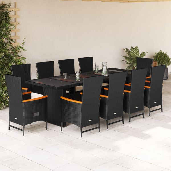 vidaXL 11-tlg. Garten-Essgruppe mit Kissen Schwarz Poly Rattan