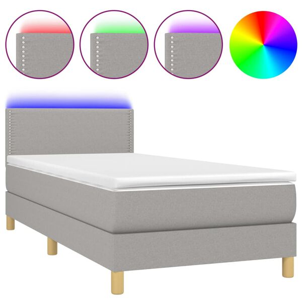 vidaXL Boxspringbett mit Matratze & LED Hellgrau 90x200 cm Stoff