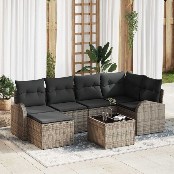 vidaXL Sofa Set mit Kissen mit Speicher 7 pcs Grau Poly-Rattan