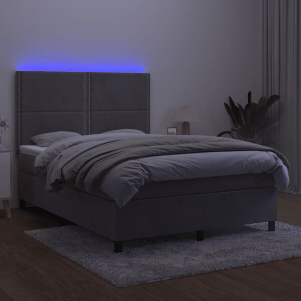 vidaXL Boxspringbett mit Matratze & LED Hellgrau 140x200 cm Samt